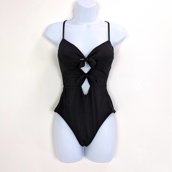 Becca Size M Womens Double Tie Front One-Piece Swimsuit In Black - Picture 3 of 7
